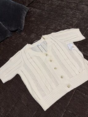 Sonoma Cream Openwork Knit Short Sleeve Cardigan